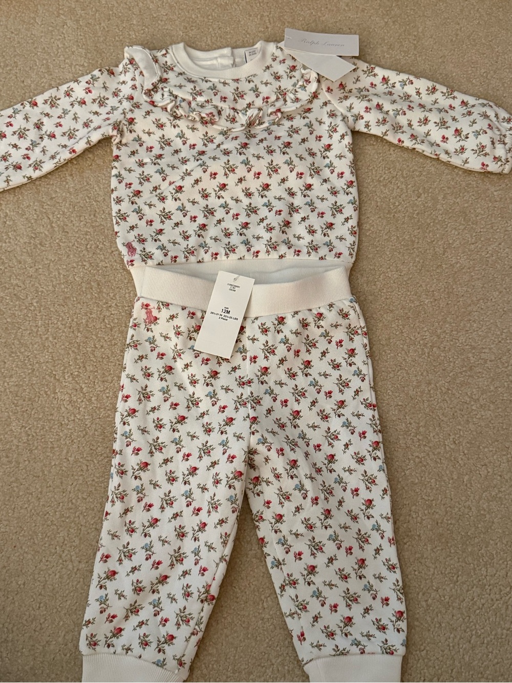 Ralph Lauren Cream Sweats Set with Pink Floral Print